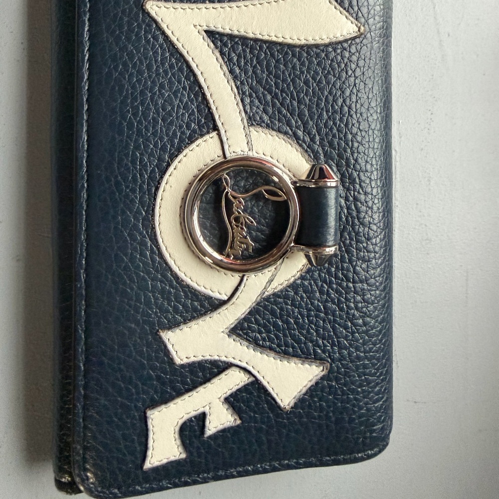 Christian Louboutin Navy Blue Leather Wallet with Cream Appliqué and Ring Accent